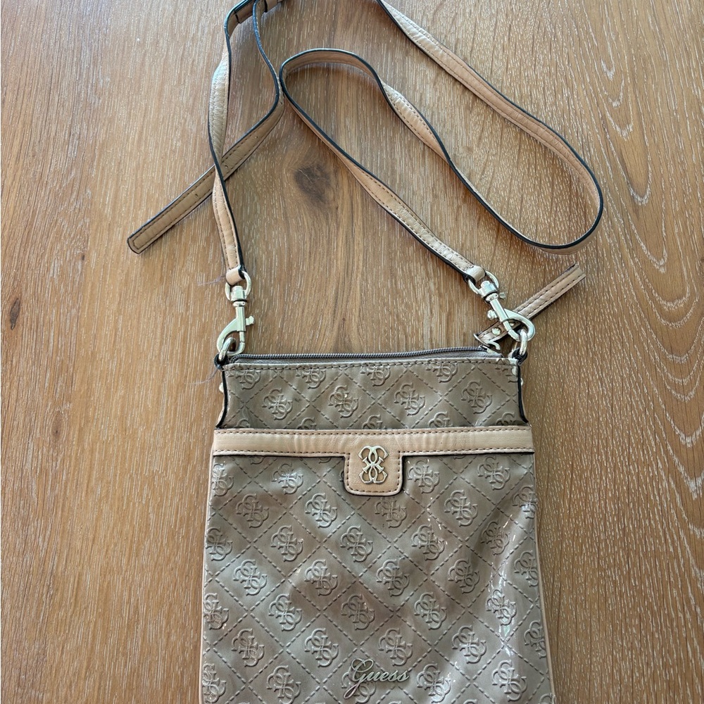 Guess Tan Crossbody Bag with Adjustable Strap and Gold Accents